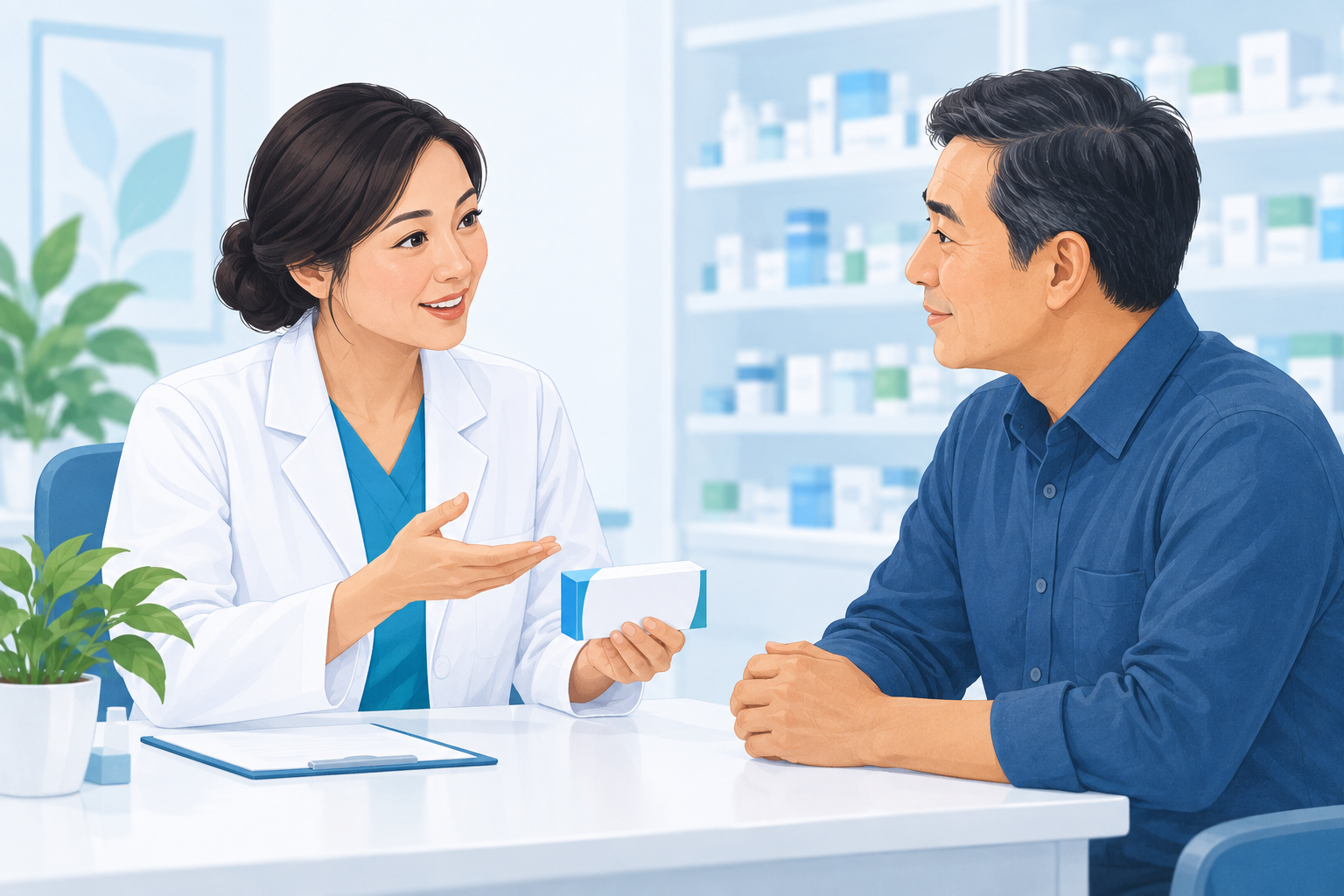 Minh họa dược sĩ trao đổi thông tin thuốc với người bệnh